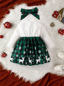 Baby Girl 2 In 1 Gingham & Christmas Print Bow Front Dress With Headband - Multicolor - View 2