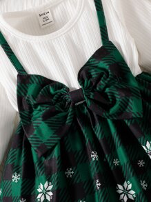 Baby Girl 2 In 1 Gingham & Christmas Print Bow Front Dress With Headband - Multicolor - View 5