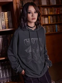 ROMWE Academia Capucha con letra murciélago con estampado con cordón - Gris Oscuro - Ver 1