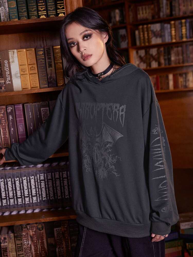 ROMWE Academia Capucha con letra murciélago con estampado con cordón - Gris Oscuro - Añade 4