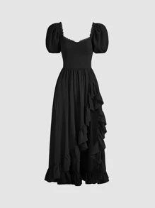 SHEIN MOD Vestido escote corazón con encaje en contraste fruncido bajo con abertura - Negro - Ver 1