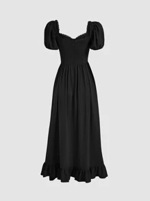 SHEIN MOD Vestido escote corazón con encaje en contraste fruncido bajo con abertura - Negro - Ver 2