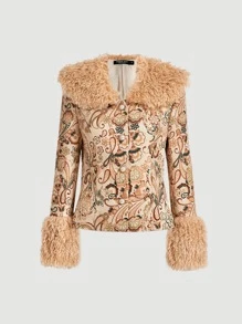 SHEIN MOD Fuzzy Collar Paisley Print Jacket - Multicolor - View 2