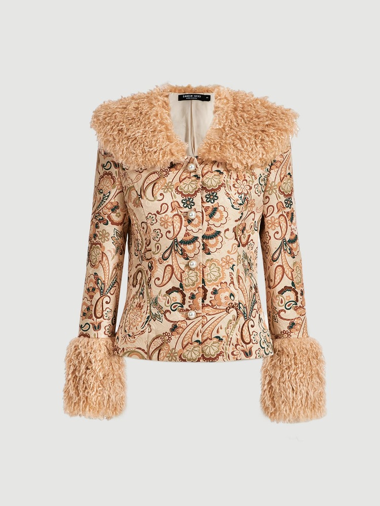 SHEIN MOD 毛茸茸翻領佩斯利印花夾克 - 彩色 - 查看 2
