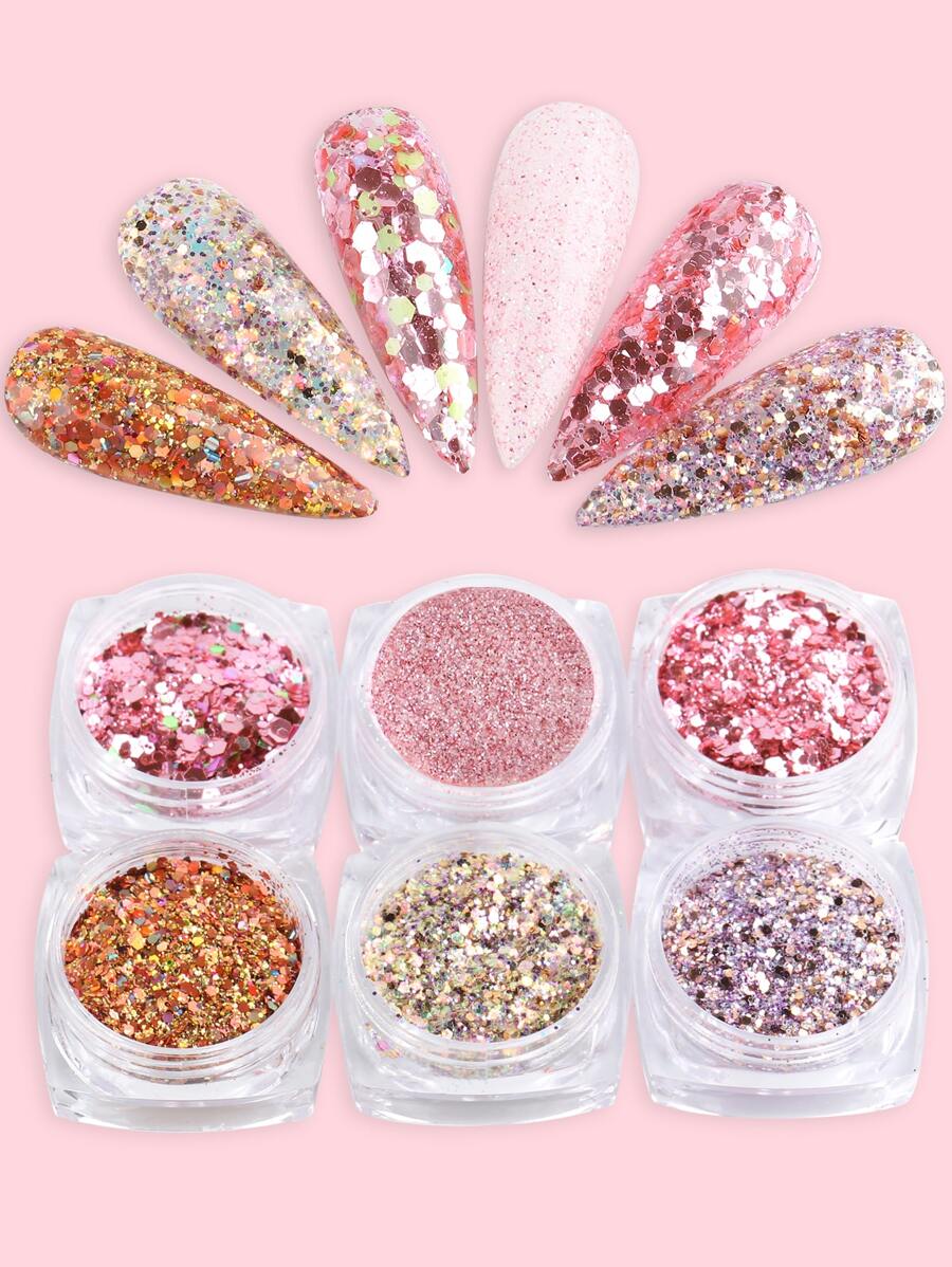 6 盒 Y2K 风格闪光美甲亮片美甲闪光粉配件美甲贴纸 DIY 美甲饰品美甲宝石美甲用品 - 彩色 - 查看 1