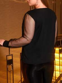 Celure áo nữ kích thước lớn Tương phản Mesh ghép mộng kim sa Khối Màu Thanh lịch - màu đen - Xem 2