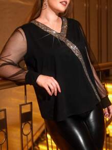 Celure áo nữ kích thước lớn Tương phản Mesh ghép mộng kim sa Khối Màu Thanh lịch - màu đen - Xem 3