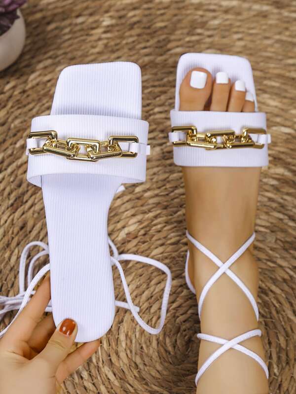 Fashionable Outdoors Lace Up Flat Sandals For Women, Chain Decor Plain Polyester Open Toe Strappy Sandals