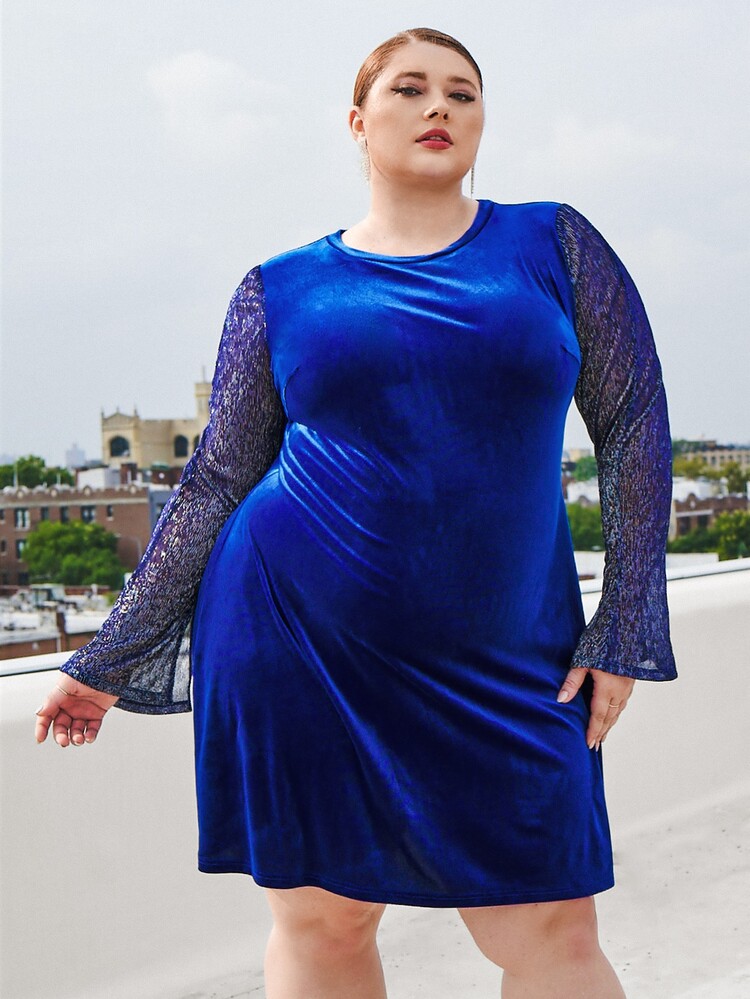 SHEIN CURVE+ Plus Contrast Mesh Flounce Sleeve Velvet Dress - Royal Blue - View 6