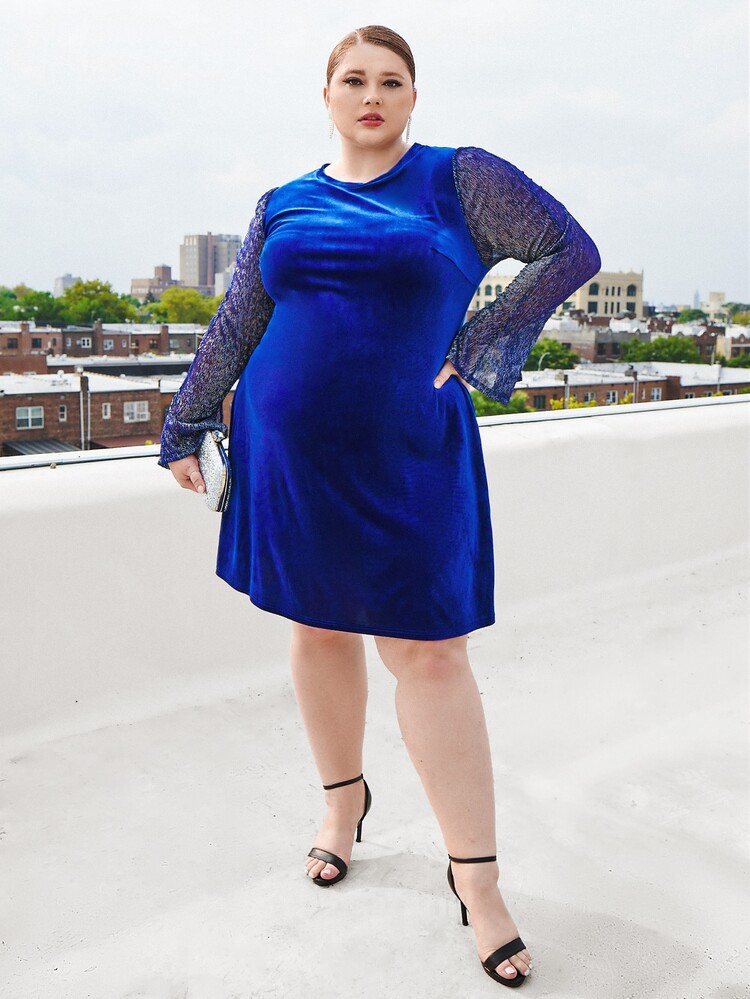 SHEIN CURVE+ Plus Contrast Mesh Flounce Sleeve Velvet Dress - Royal Blue - View 9