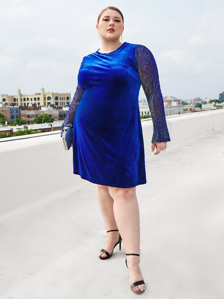 SHEIN CURVE+ Plus Contrast Mesh Flounce Sleeve Velvet Dress - Royal Blue - View 5