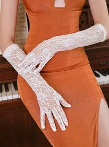 Floral Lace Long Gloves - White - View 1