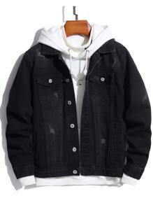 Manfinity Homme Men Cotton 1pc Flap Pocket Denim Jacket - Black - View 1