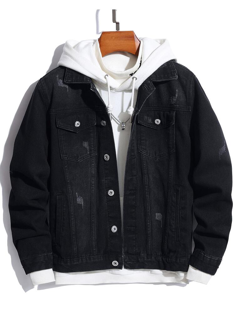 Manfinity Homme Men Cotton 1pc Flap Pocket Denim Jacket - Black - View 1