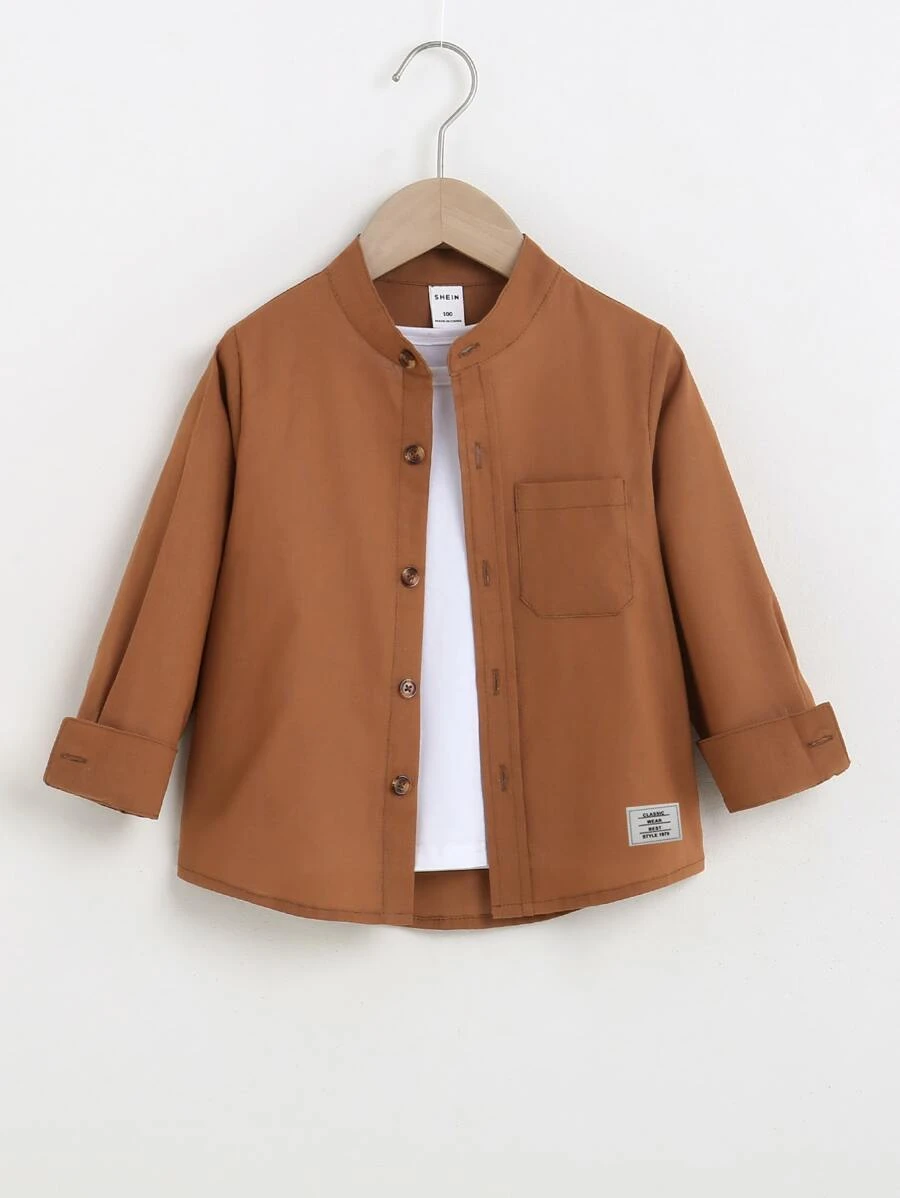Áo sơ mi bé trai Túi Nút phía trước Lá thư Giải trí - màu nâu - Xem 1