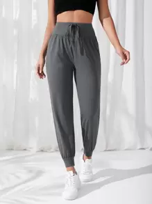 SHEIN Running 前打結寬腰帶運動褲 - 深灰色 - 查看 1