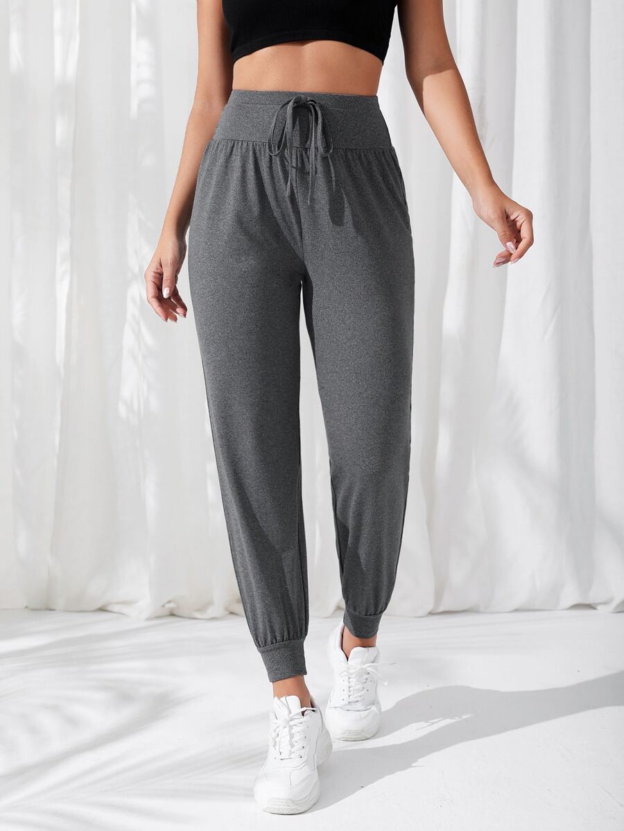 SHEIN Running 前打結寬腰帶運動褲 - 深灰色 - 查看 1