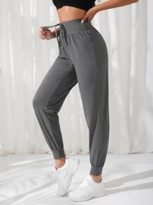 SHEIN Running 前打結寬腰帶運動褲 - 深灰色 - 查看 3