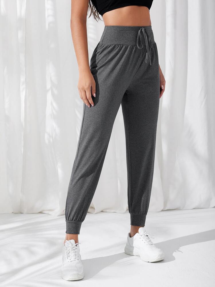 SHEIN Running Quần Thể thao Nữ Thắt nút màu trơn - Màu xám đen - Xem 4