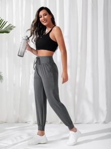 SHEIN Running 前打結寬腰帶運動褲 - 深灰色 - 查看 5