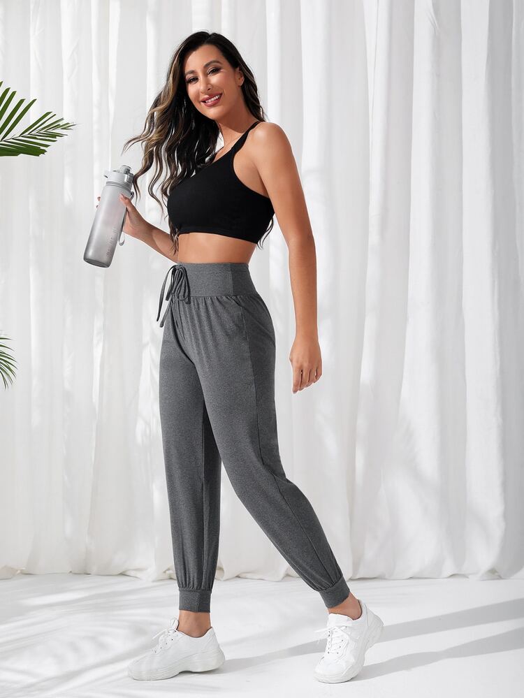 SHEIN Running Quần Thể thao Nữ Thắt nút màu trơn - Màu xám đen - Xem 5