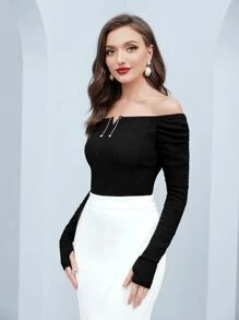 Modelyn 一字肩水鑽細節T恤 - 黑色 - 查看 5