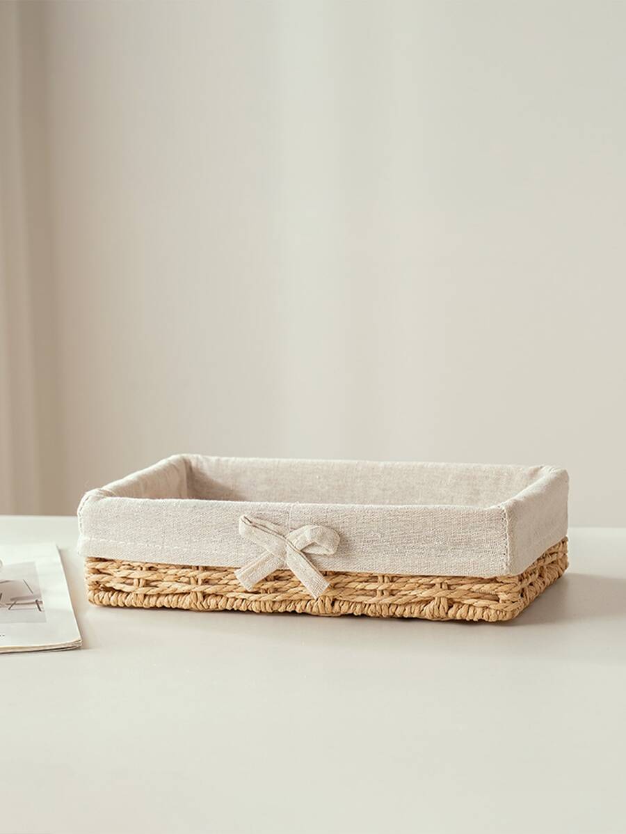 1pc Bow Decor Random Color Desktop Storage Basket, Boho Braided Design Storage Tray For Desk - Multicolor - View 1