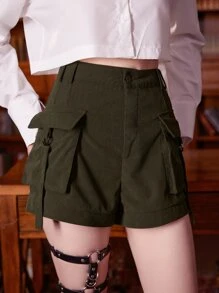 ROMWE Academia Solid Flap Pocket Shorts - Army Green - View 2