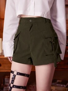 ROMWE Academia Solid Flap Pocket Shorts - Army Green - View 3