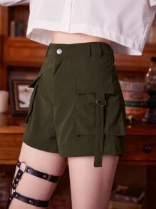 ROMWE Academia Solid Flap Pocket Shorts - Army Green - View 4