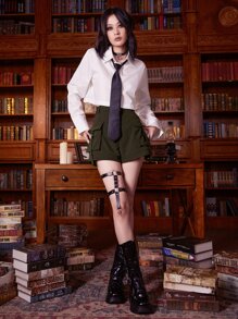 ROMWE Academia Solid Flap Pocket Shorts - Army Green - View 5