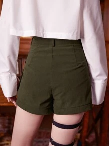 ROMWE Academia Solid Flap Pocket Shorts - Army Green - View 6