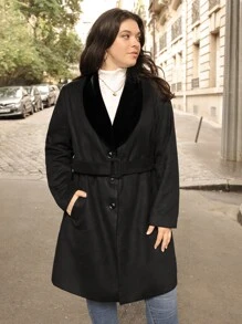SHEIN Unity Plus Shawl Collar Button Front Belted Overcoat - Black - View 2