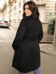SHEIN Unity Plus Shawl Collar Button Front Belted Overcoat - Black - View 3