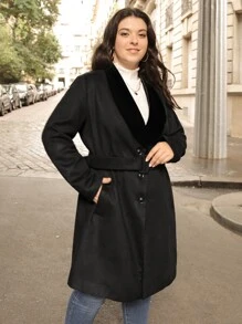 SHEIN Unity Plus Shawl Collar Button Front Belted Overcoat - Black - View 4