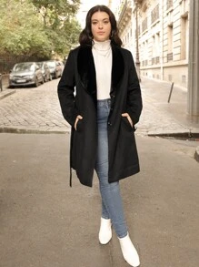 SHEIN Unity Plus Shawl Collar Button Front Belted Overcoat - Black - View 1