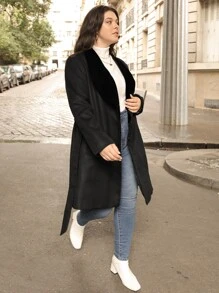 SHEIN Unity Plus Shawl Collar Button Front Belted Overcoat - Black - View 5