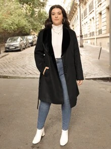 SHEIN Unity Plus Shawl Collar Button Front Belted Overcoat - Black - View 6