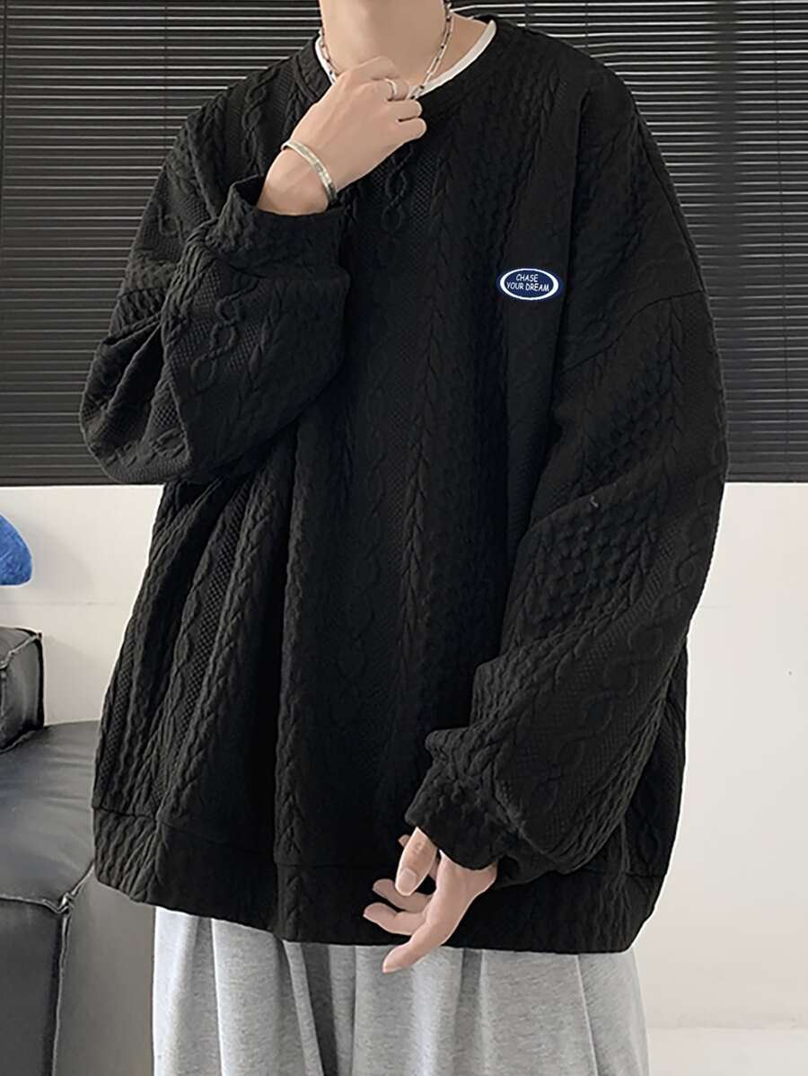 Claim Dot 1pc Loose Fit Men's Cable Textured Sweatshirt With Slogan Patched, Drop Shoulder Design - Black - View 1