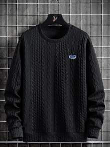 Claim Dot 1pc Loose Fit Men's Cable Textured Sweatshirt With Slogan Patched, Drop Shoulder Design - Black - View 2