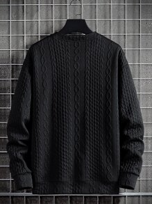 Claim Dot 1pc Loose Fit Men's Cable Textured Sweatshirt With Slogan Patched, Drop Shoulder Design - Black - View 3