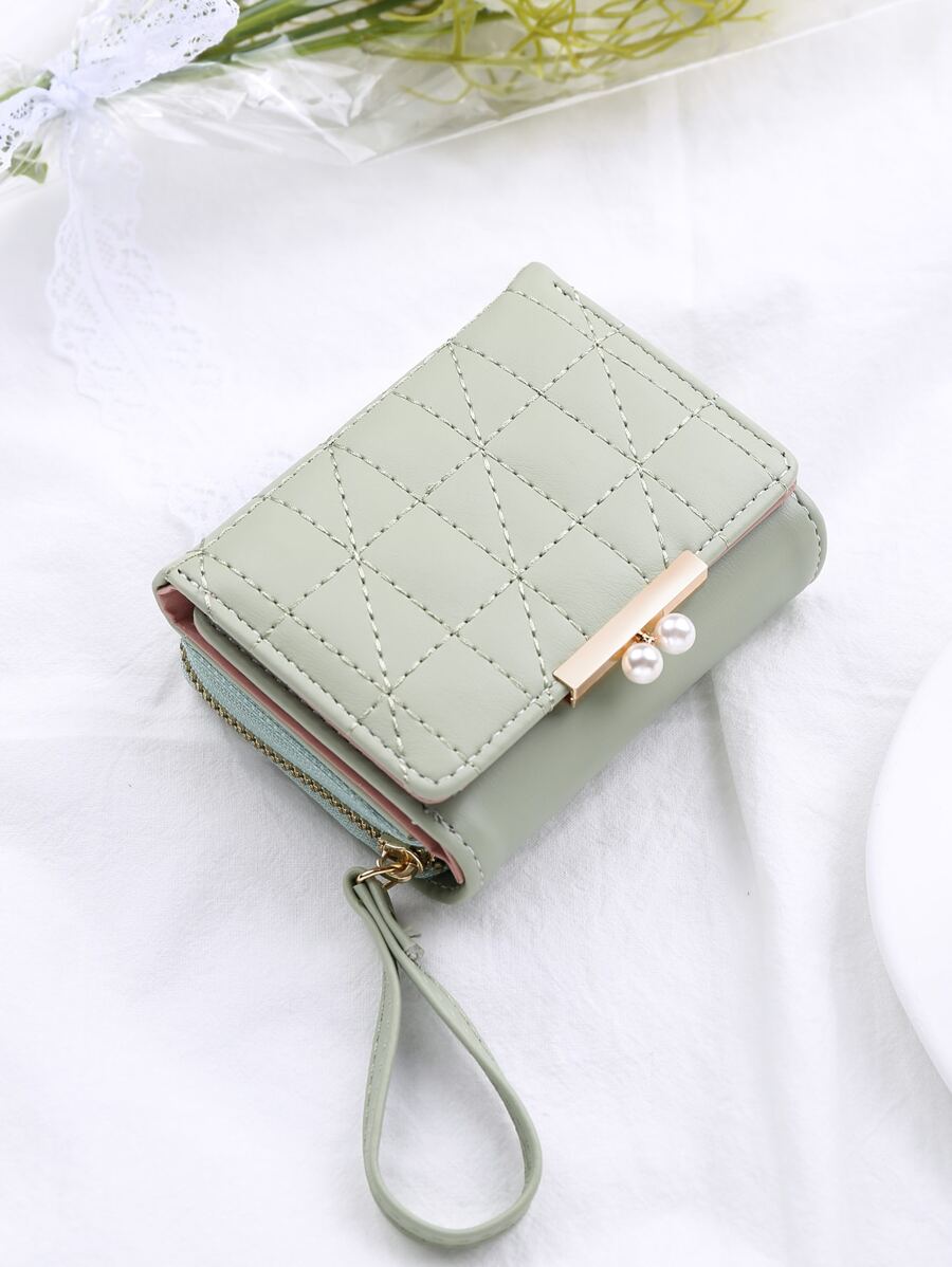 FONMOR 针脚细节仿珍珠装饰折叠小钱包信用卡小钱包 ID 窗口三折女士钱包轻便多层便携钱现金多功能简约时尚现代商务周年纪念情人节生日礼物礼物情侣女士女孩女士礼物商务休闲腕带钱包 - 綠色 - 查看 1