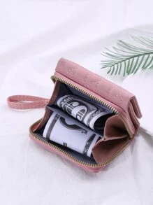 FONMOR 針腳細節人造珍珠裝飾折疊短皮夾信用卡小錢包身份窗戶三折女士皮夾 - 粉色 - 查看 3
