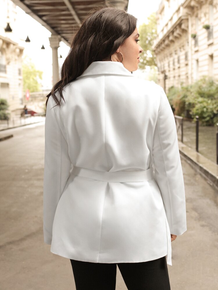 Plus Lapel Neck Belted Trench Coat - White - View 5