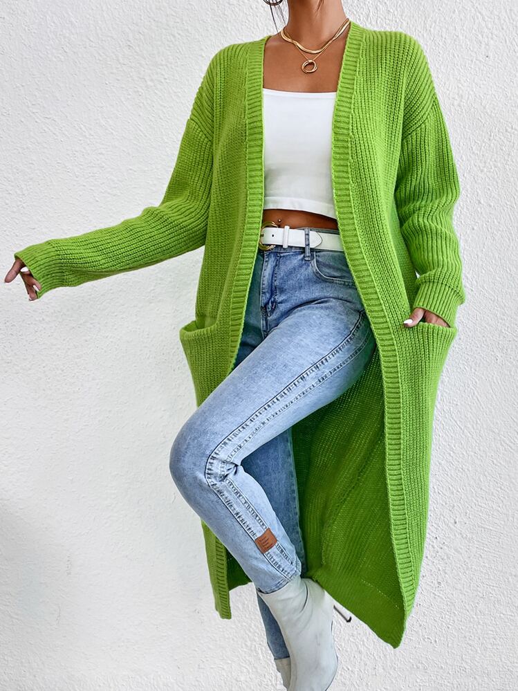 Chiquease Nữ Cardigans Túi Gân đan màu trơn Giải trí - màu xanh lá - Xem 5
