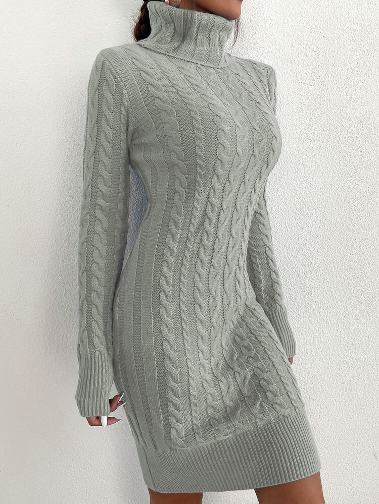 SHEIN Privé High Neck Cable Knit Bodycon Sweater Dress - Light Grey - View 6