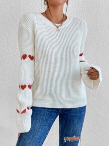 SHEIN Privé Heart Pattern Drop Shoulder Sweater,Long Sleeve Tops Knit Pullover Fall Winter Outfit - White - View 6