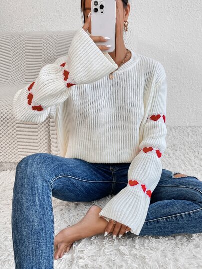 SHEIN Privé Pullover mit Herzmuster und Dropped Shoulder, Langarm Strickpullover für Herbst und Winter