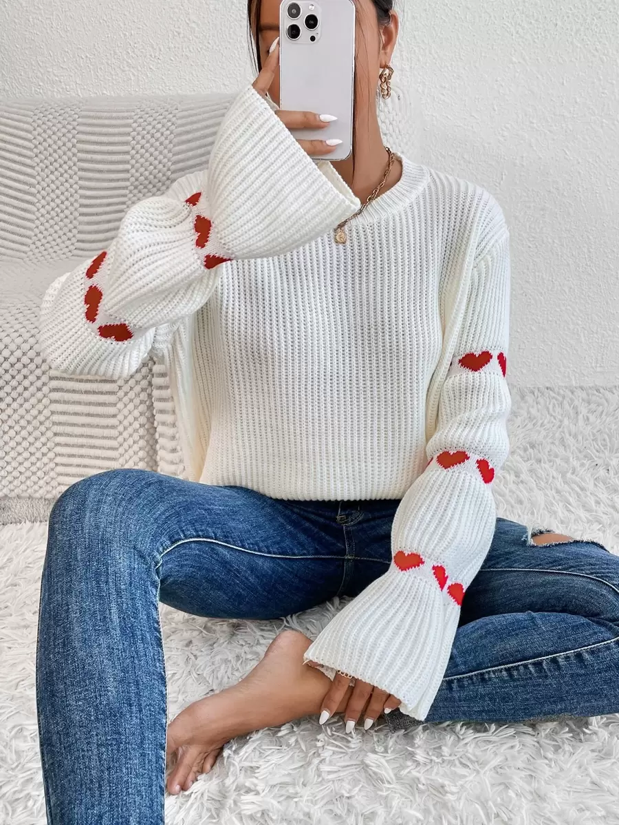 SHEIN Privé Heart Pattern Drop Shoulder Sweater,Long Sleeve Tops Knit Pullover Fall Winter Outfit - White - View 1
