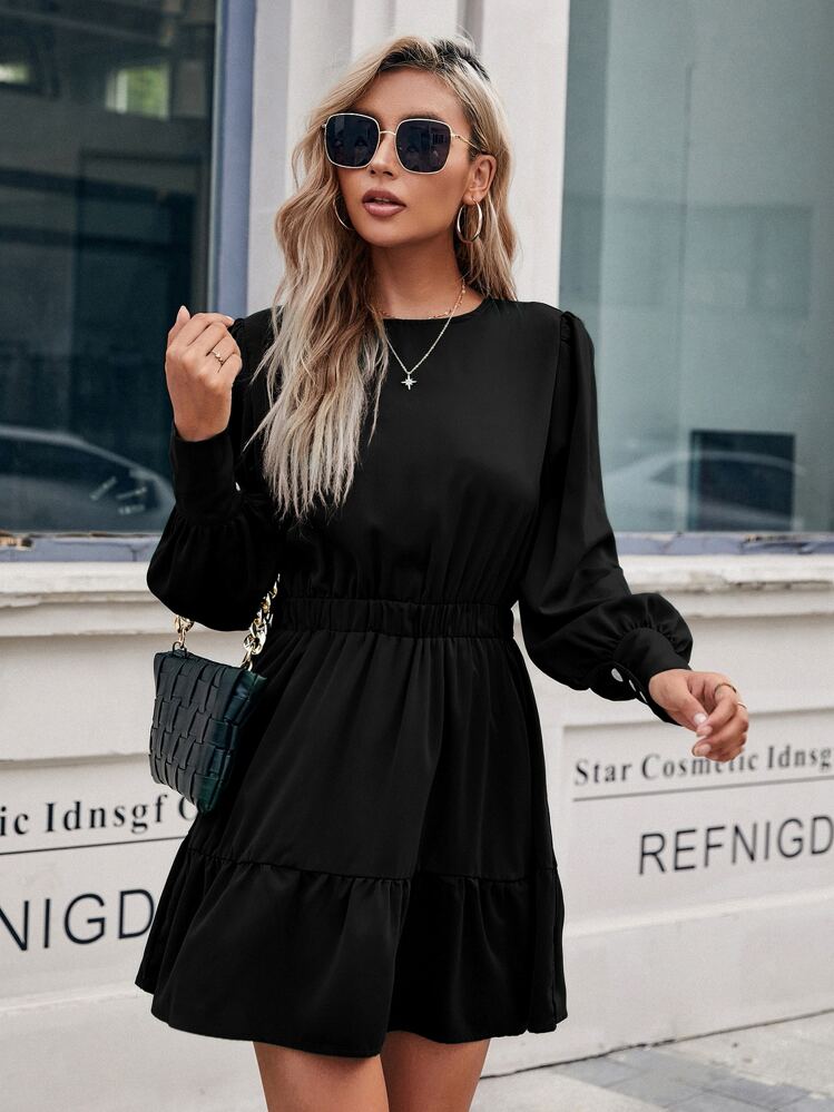 Chiquease Vestido unicolor de espalda con abertura de ojo bajo con fruncido con diseño de botón - Negro - Añade 7